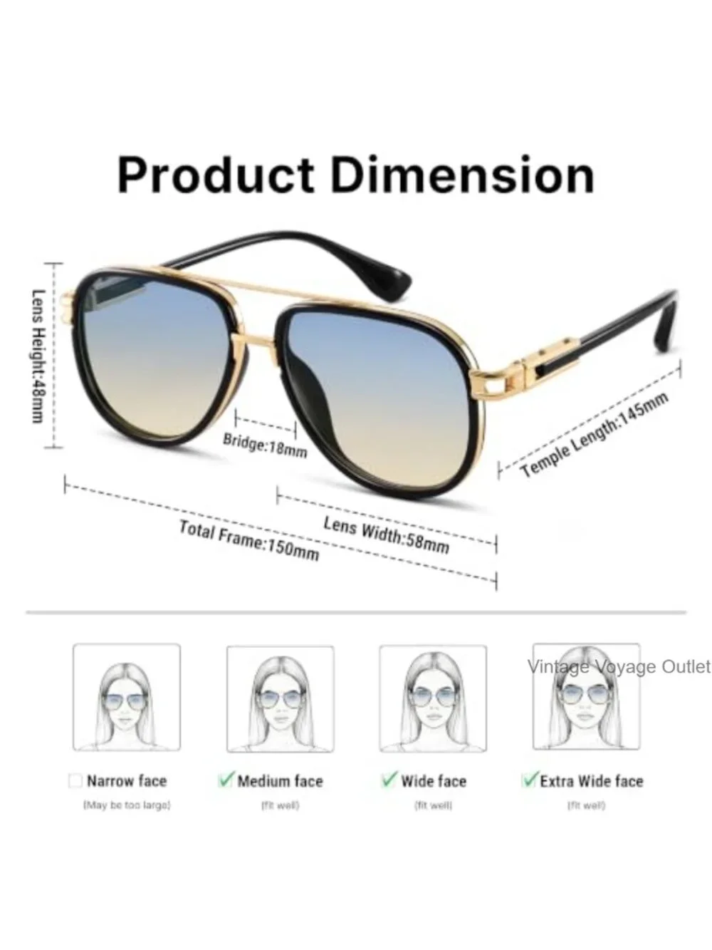 Oversized Aviator Sunglasses Double Bridge Metal UV400 Gradient